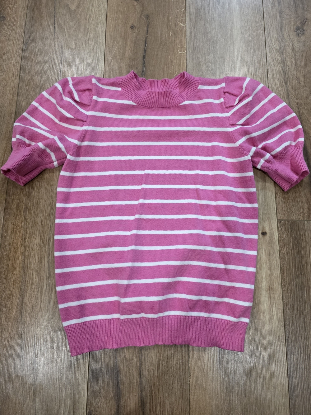 Pink and White Striped Puff Sleeve Sweater Top